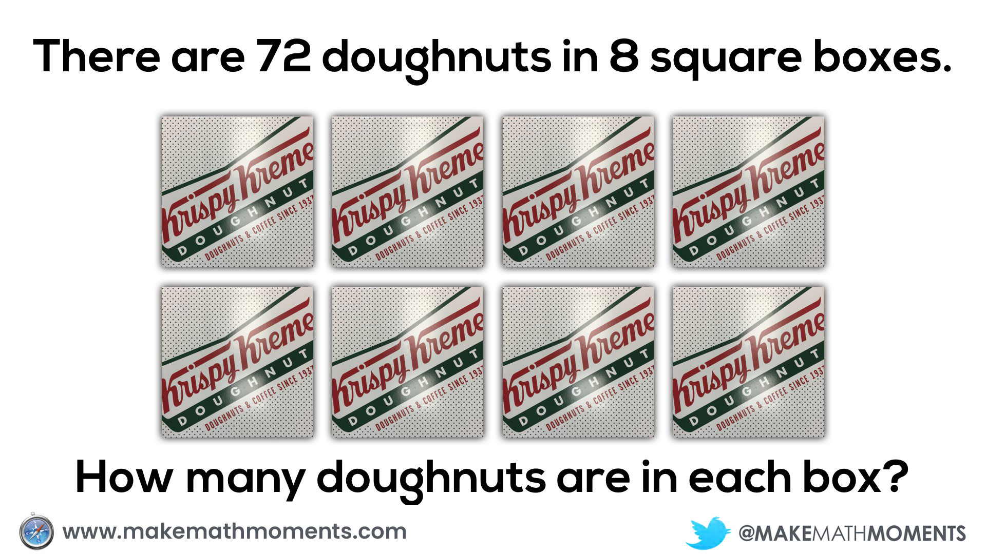 72 doughnuts in 8 square boxes how many are there